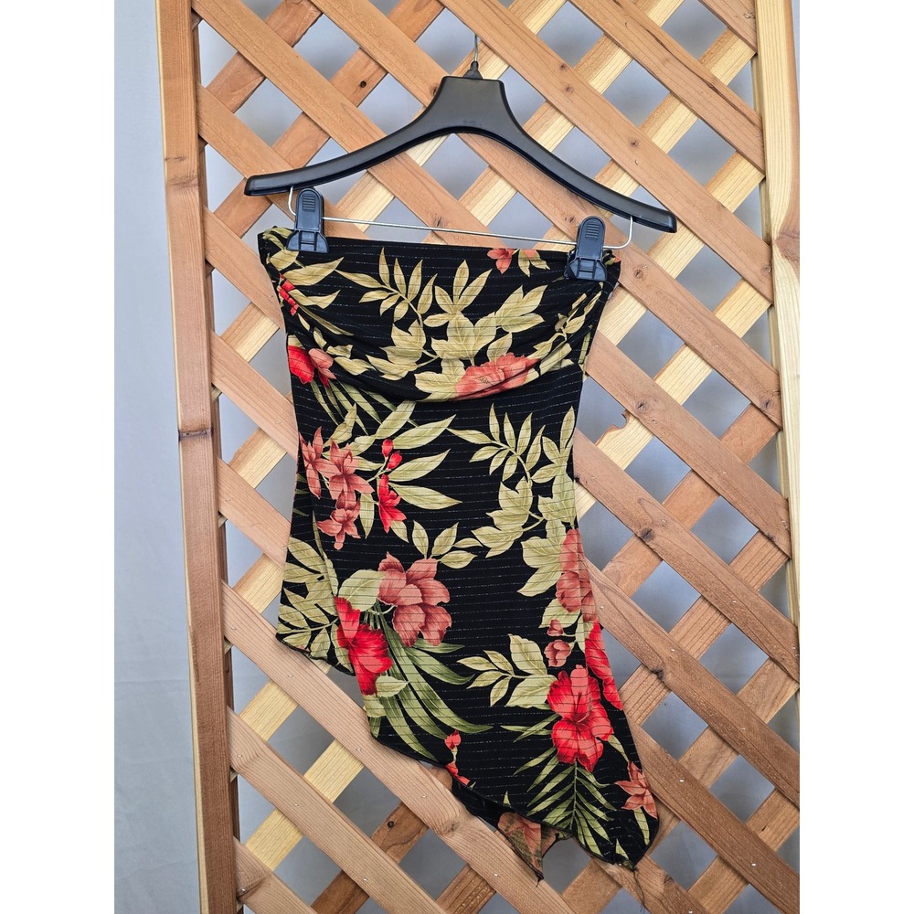 VTG Forever 21 Tube Top Womens S Black Floral Metallic Asymmetrical Hem USA